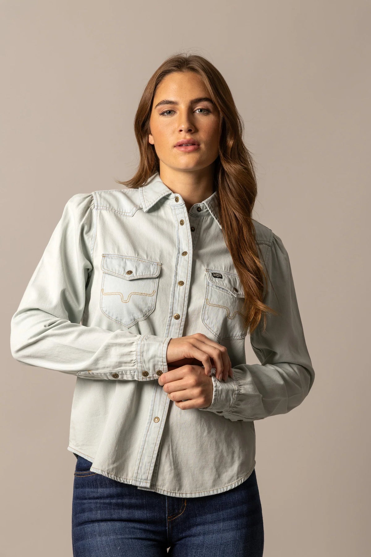Kimes Ranch Jane Denim Snap top in Light Blue with contrast stitching and snap front