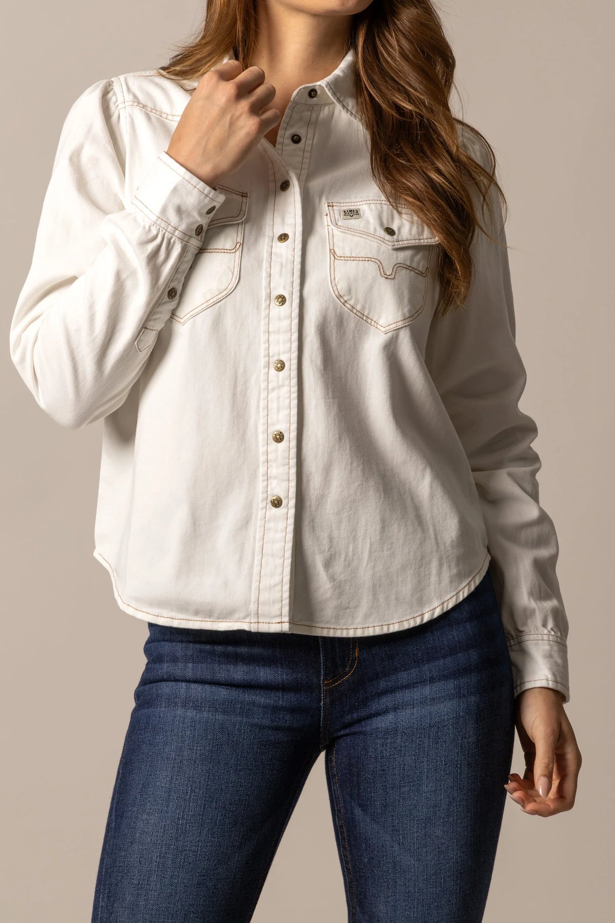 Kimes Ranch Jane Denim Snap top in Pristine with contrast stitching and snap front