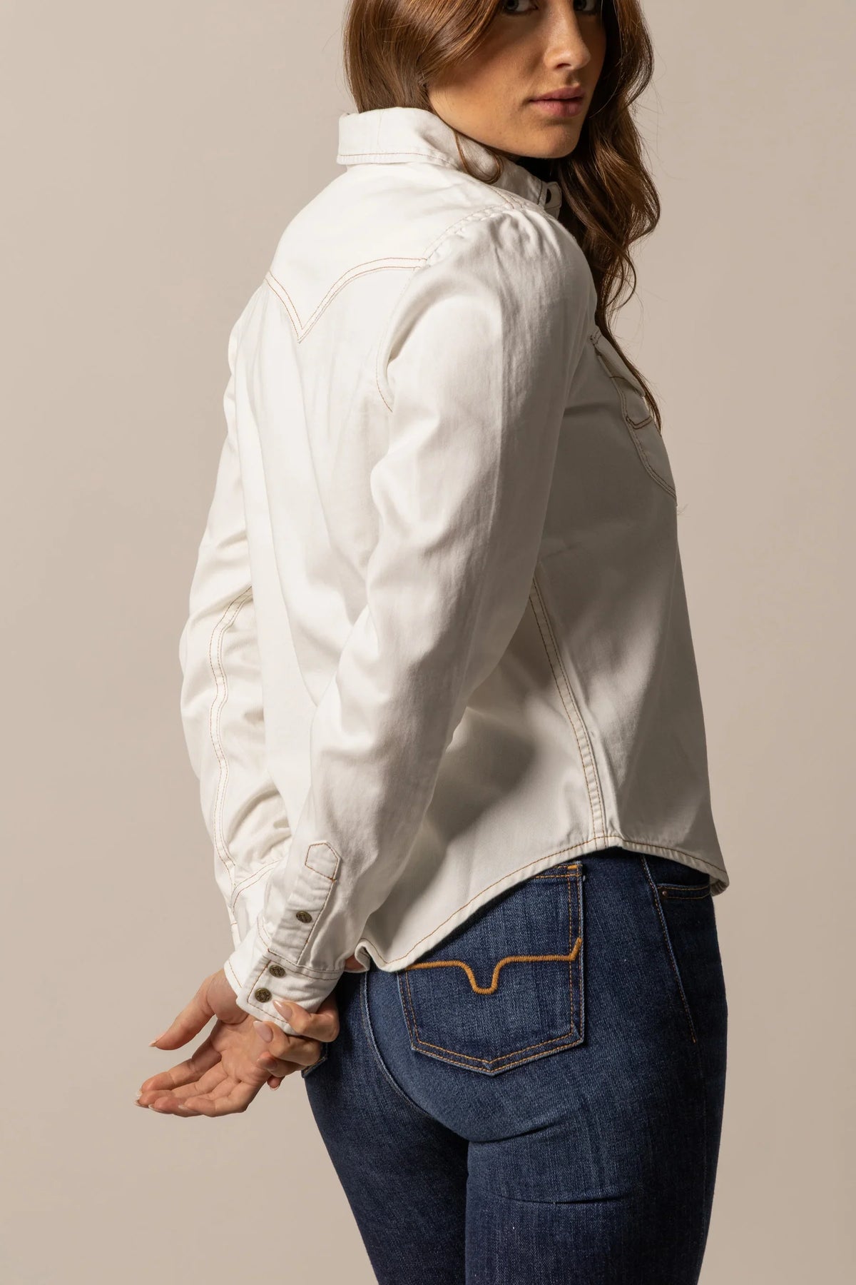 Kimes Ranch Jane Denim Snap top in Pristine, side view, with contrast stitching and long sleeves