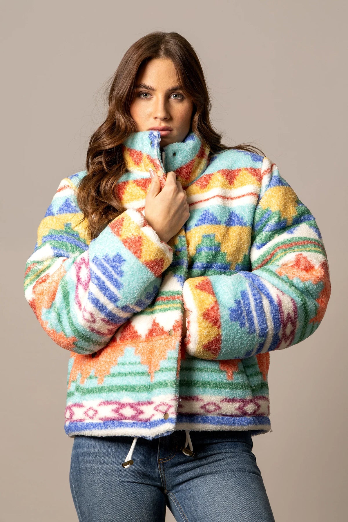 Kimes Ranch Jaycee Jacket in Turquoise with a multicolor geometric pattern and a high collar