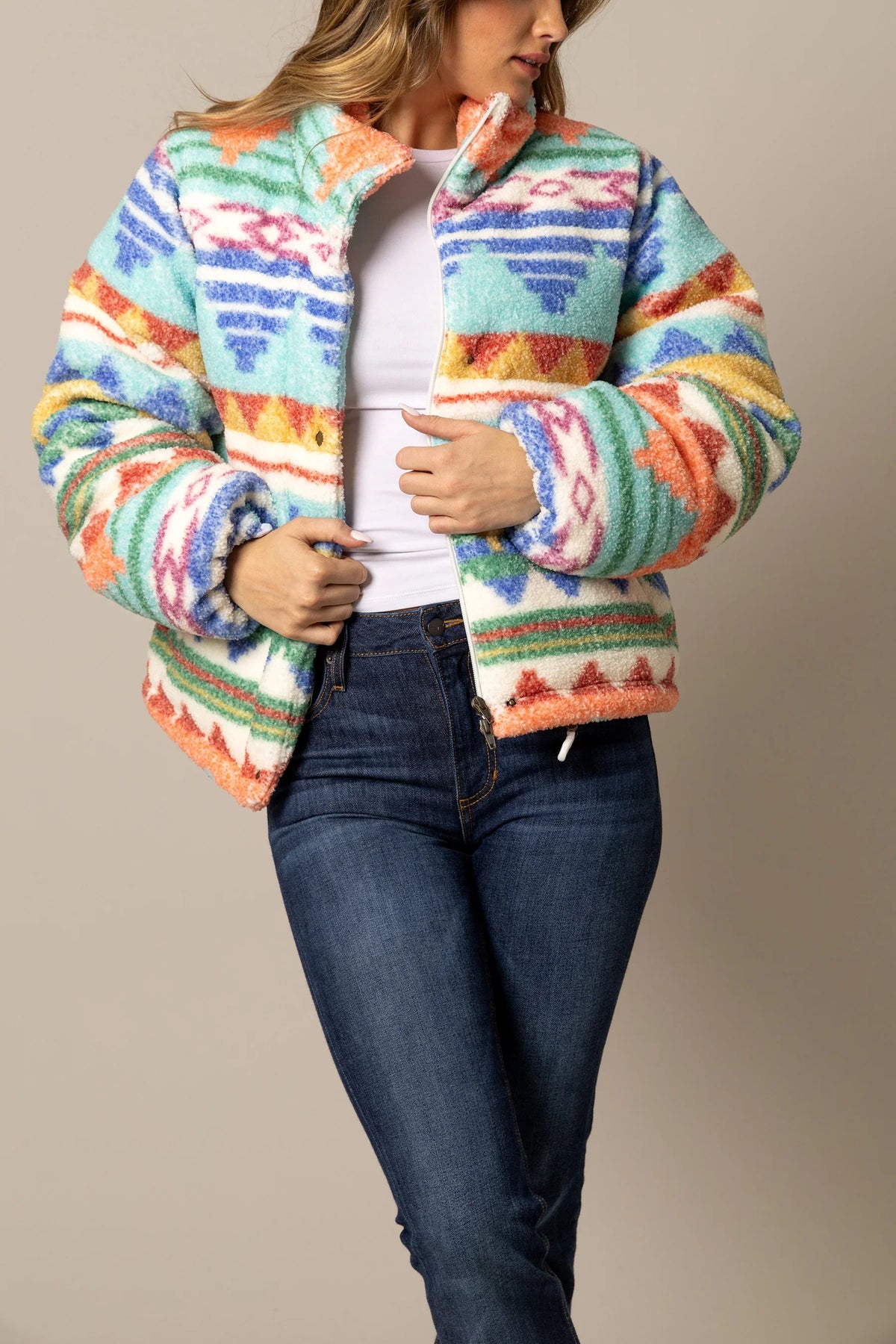 Kimes Ranch Jaycee Jacket in Turquoise with a multi-color geometric pattern and a stand-up collar