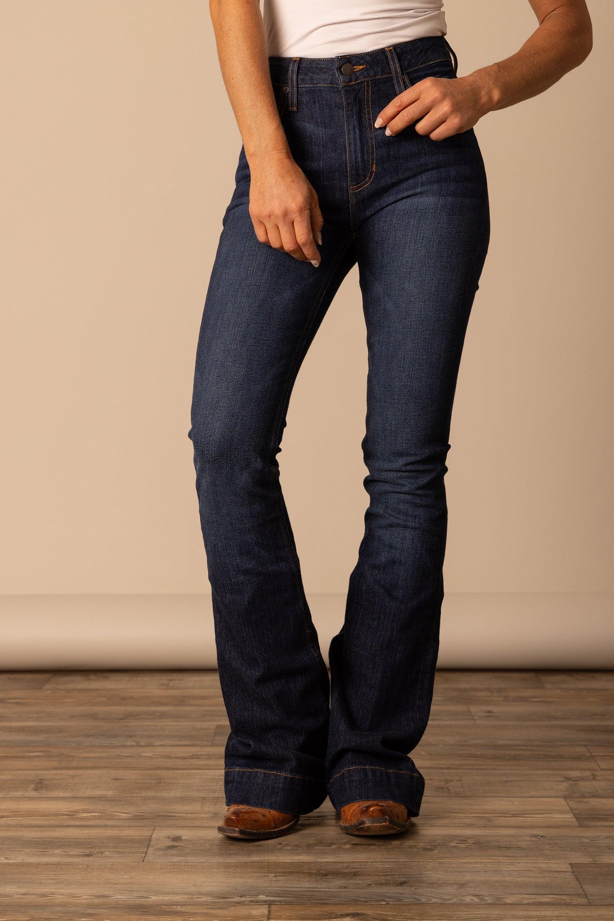Kimes Ranch Jennifer jeans in Dark Wash with a bootcut silhouette and cuffed hems