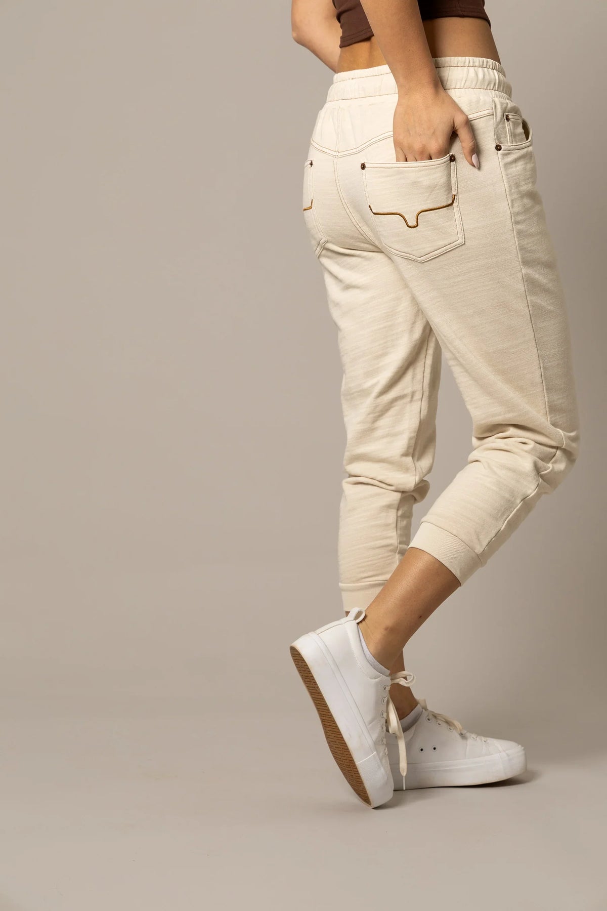 Kimes Ranch Joanie Pants in Natural, side view, with elastic waistband and back pockets