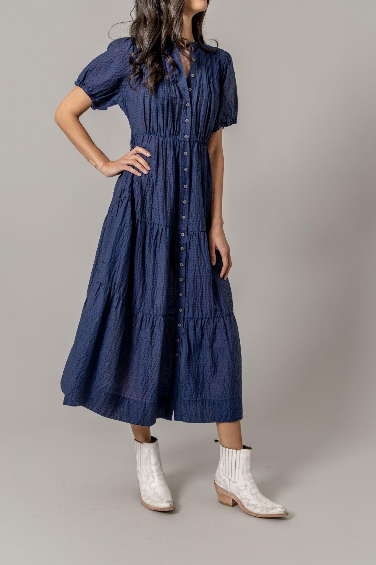 Kimes Ranch Jocelyn Tencel Dress in Blue with short puff sleeves and a button-front bodice