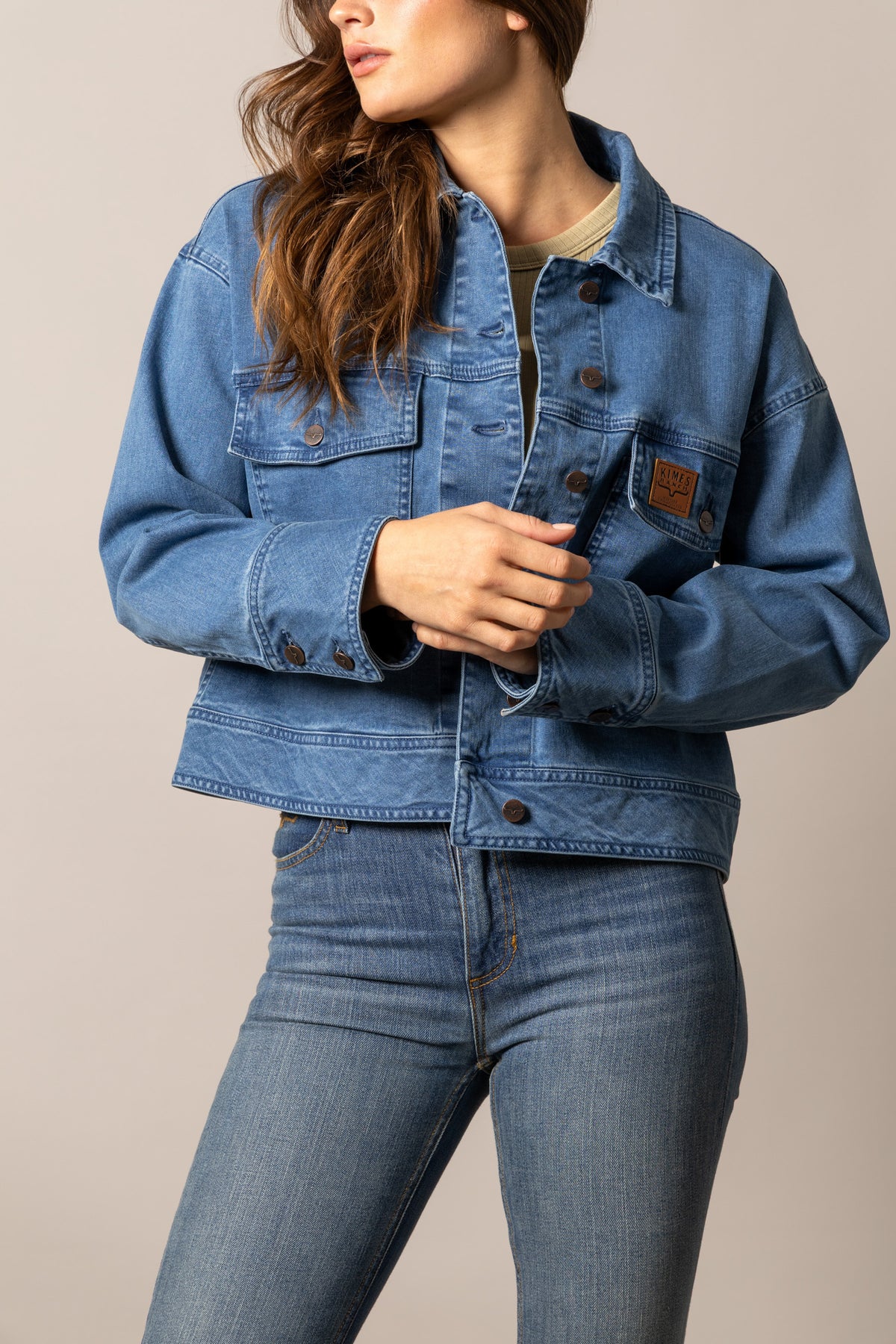 Kimes Ranch Joey jacket in Antique Wash with button front, flap pockets, and logo patch