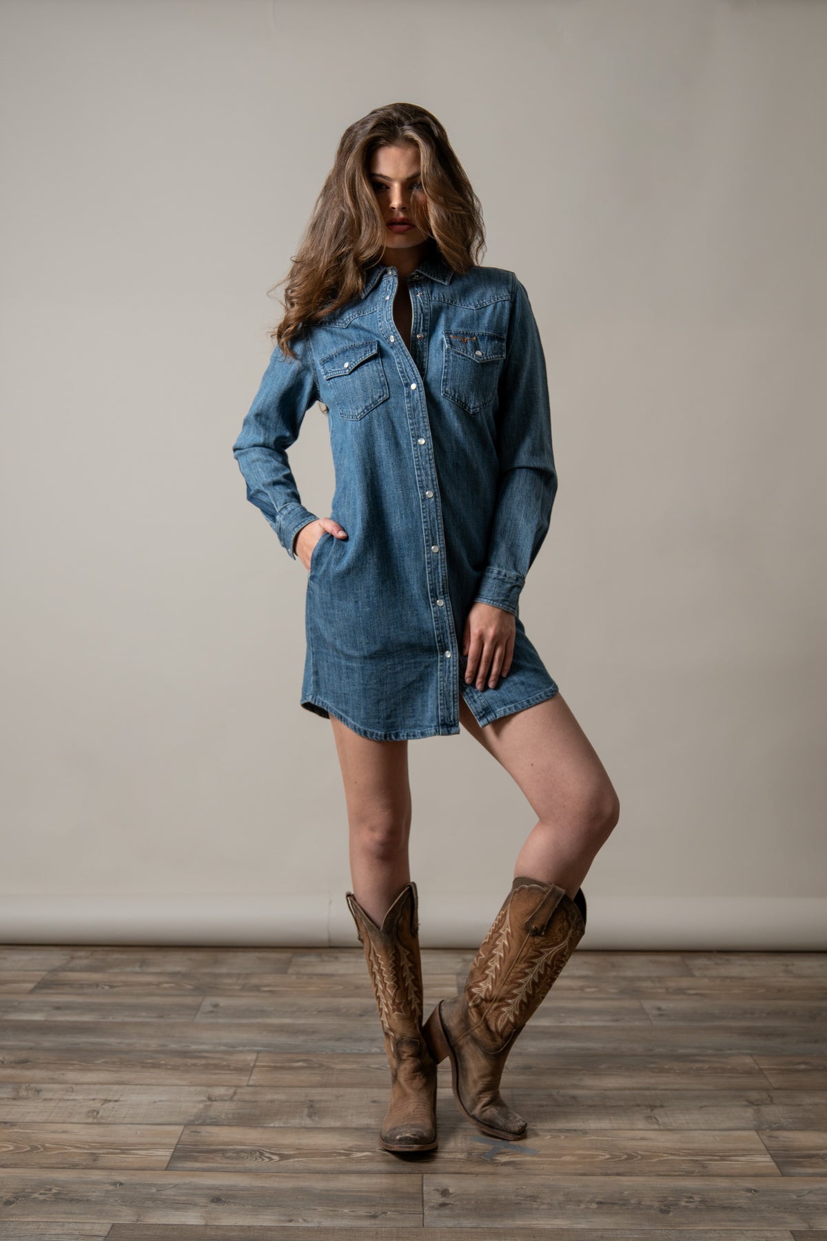 Kimes Ranch Jordi Indigo shirt dress with long sleeves and front pockets