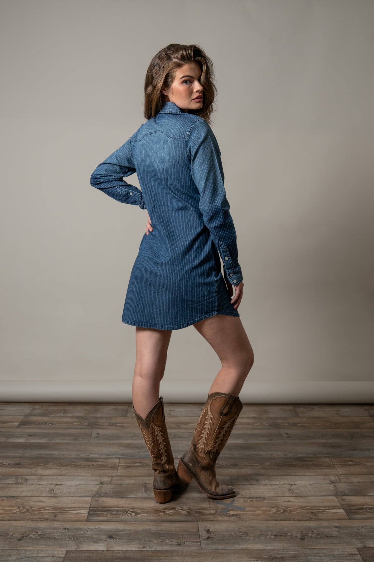 Kimes Ranch Jordi, back view, Mini Stripe long sleeve dress with a collar and button cuffs