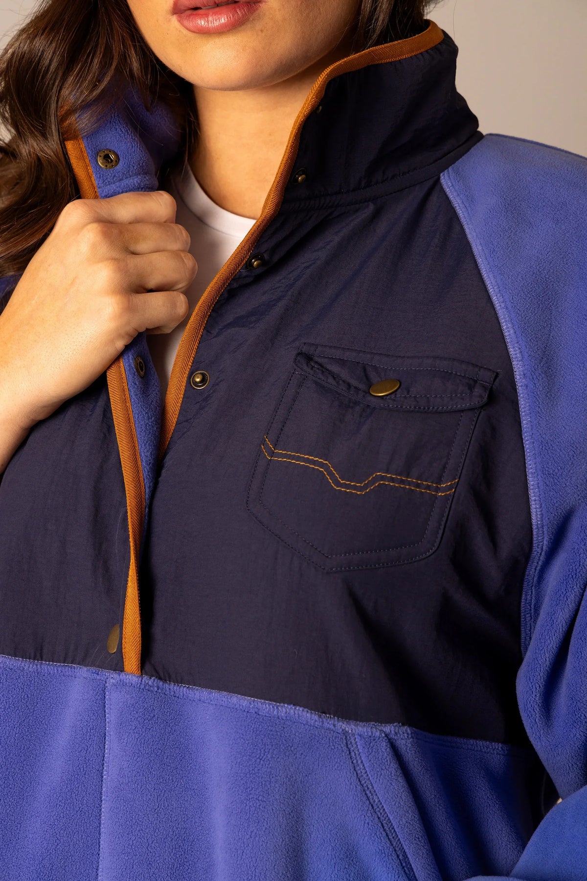 Kimes Ranch Josie Fleece sweatshirt in Blue, close-up, with a front pocket and contrasting stitching