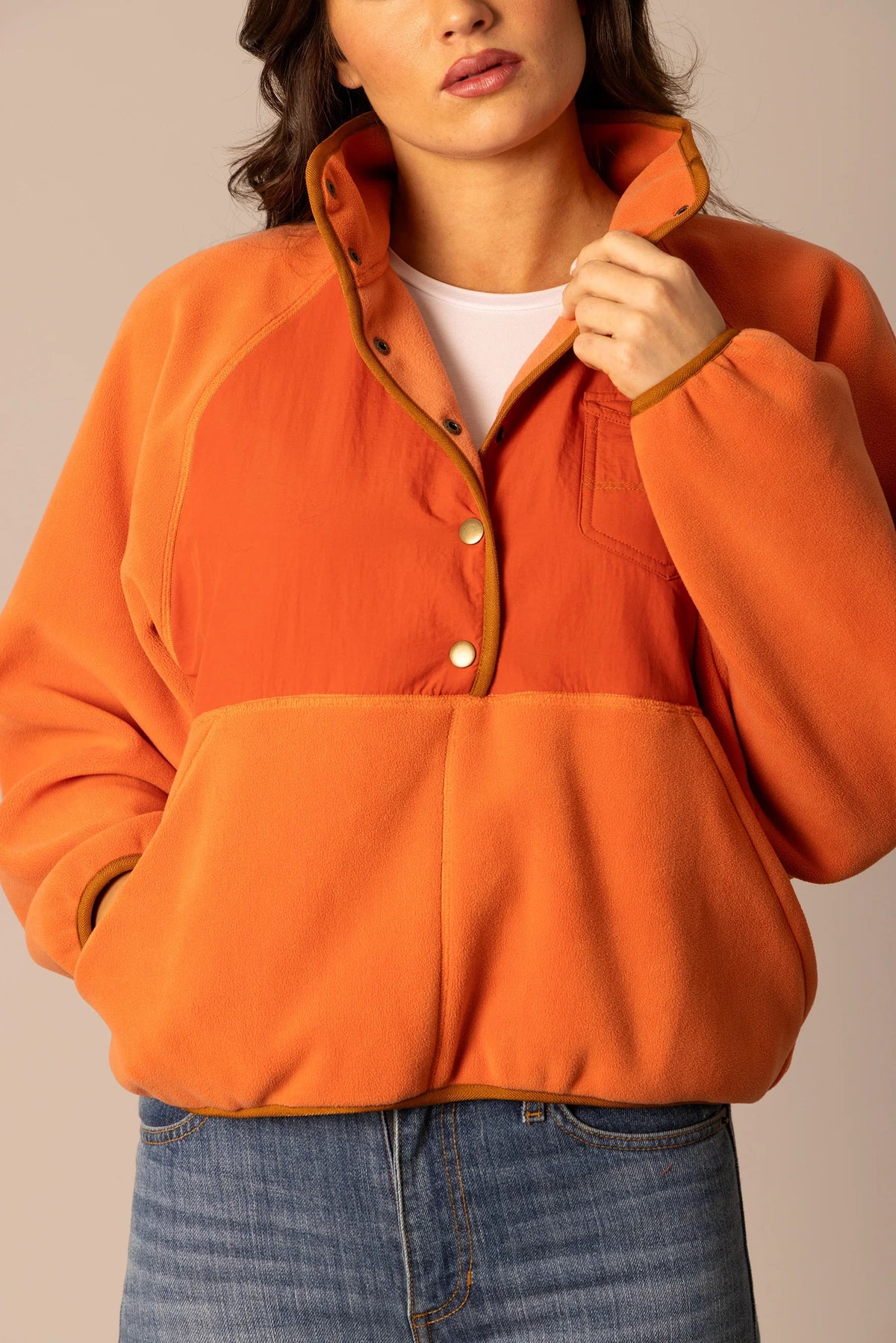 Kimes Ranch Josie Fleece sweatshirt in Muted Red with contrast trim and snap buttons