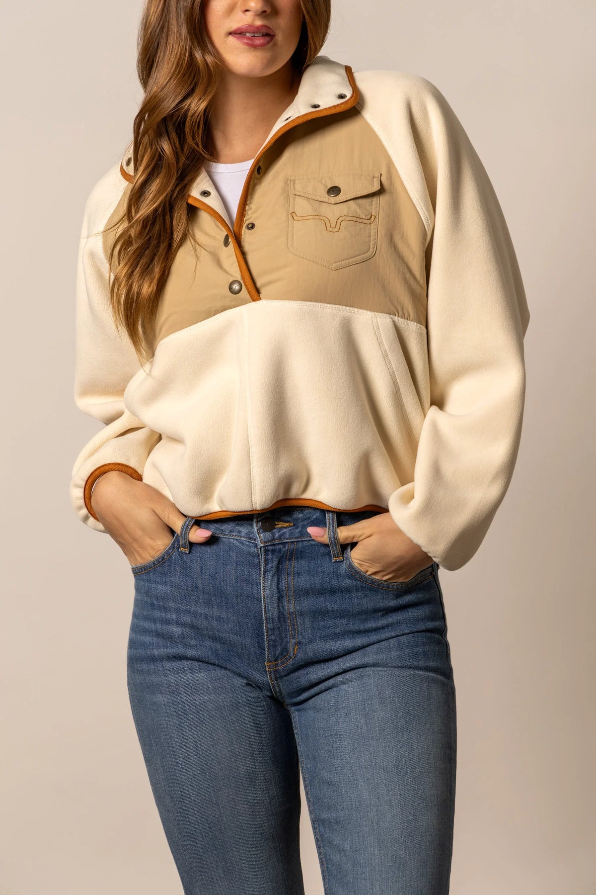 Kimes Ranch Josie Fleece sweatshirt in Natural with colorblock design and embroidered pocket