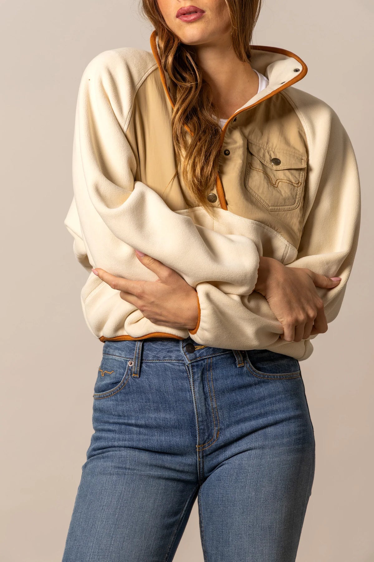 Kimes Ranch Josie Fleece sweatshirt in Natural with contrast tan front panel and orange trim