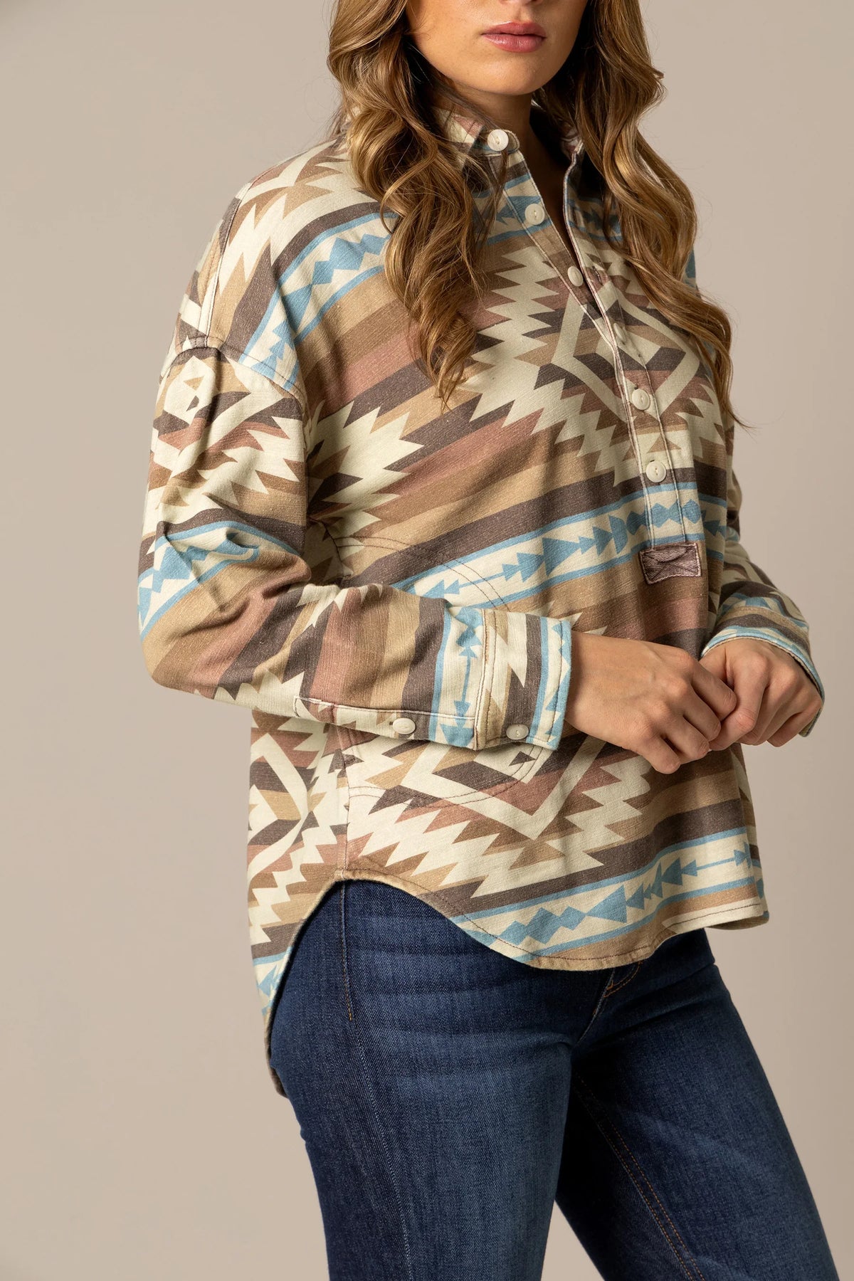 Kimes Ranch Judith sweater in Mocha, side view, with a geometric Aztec print and long sleeves