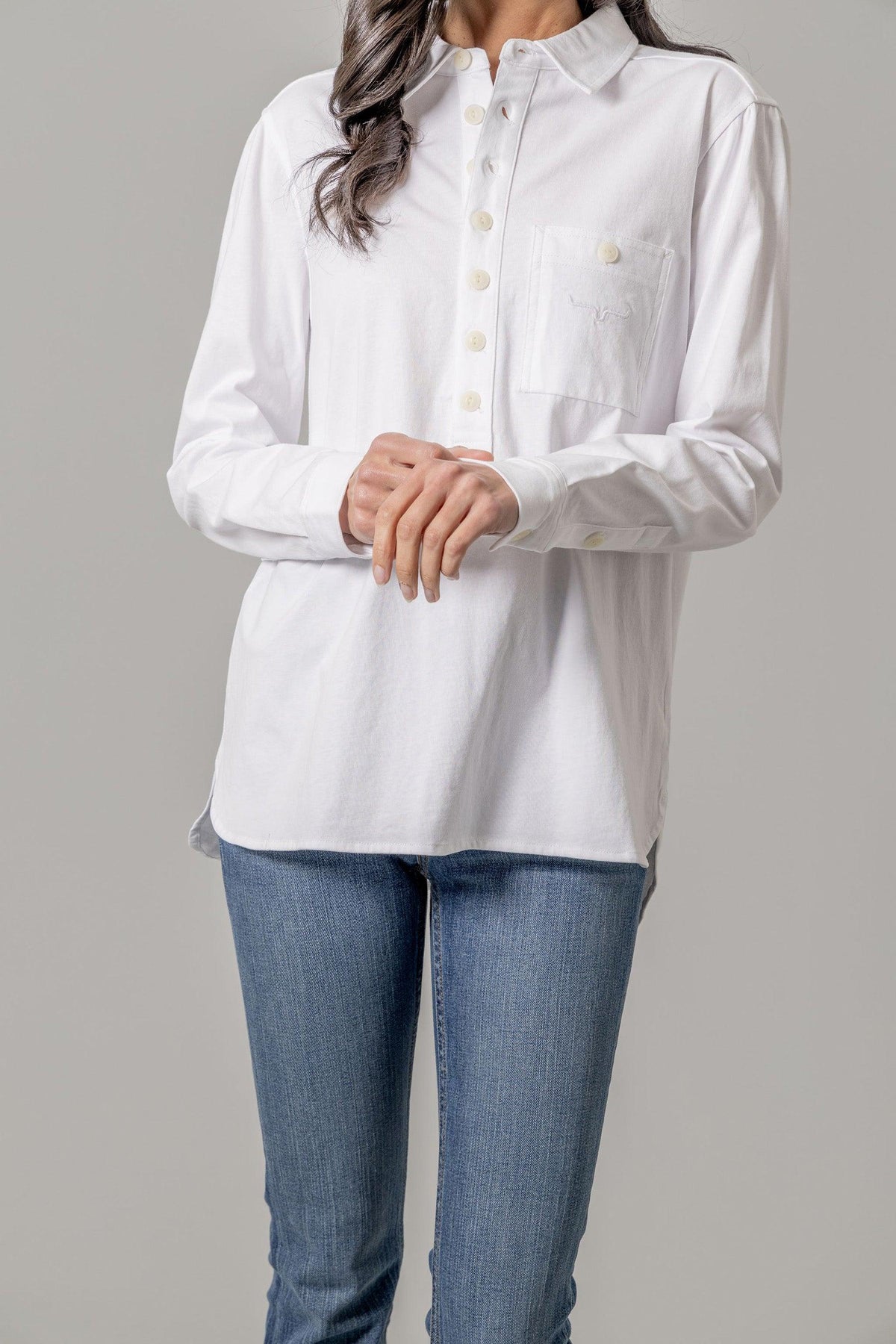 Kimes Ranch Julia top in Pristine with a button front and chest pocket featuring the Kimes Ranch logo
