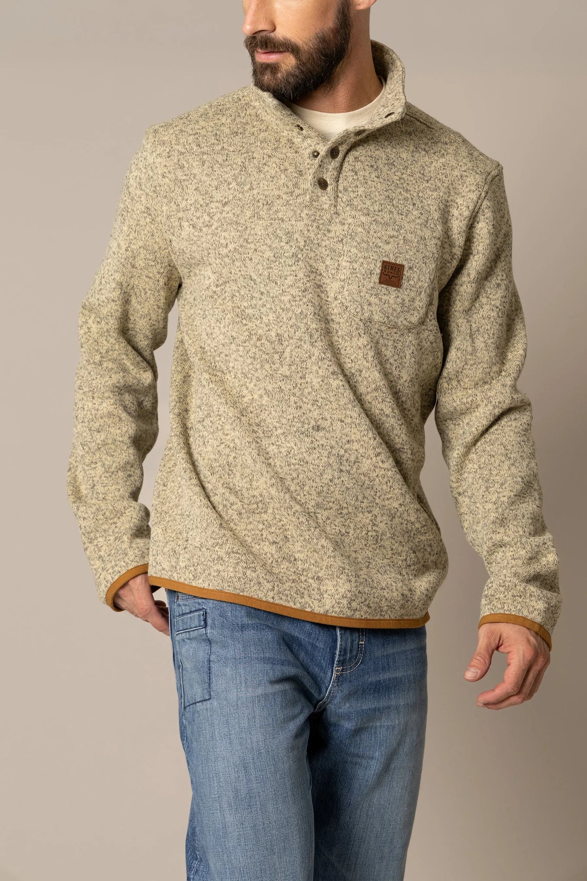 Kimes Ranch Julian Pullover sweatshirt in Natural with a half-button placket and chest pocket with logo