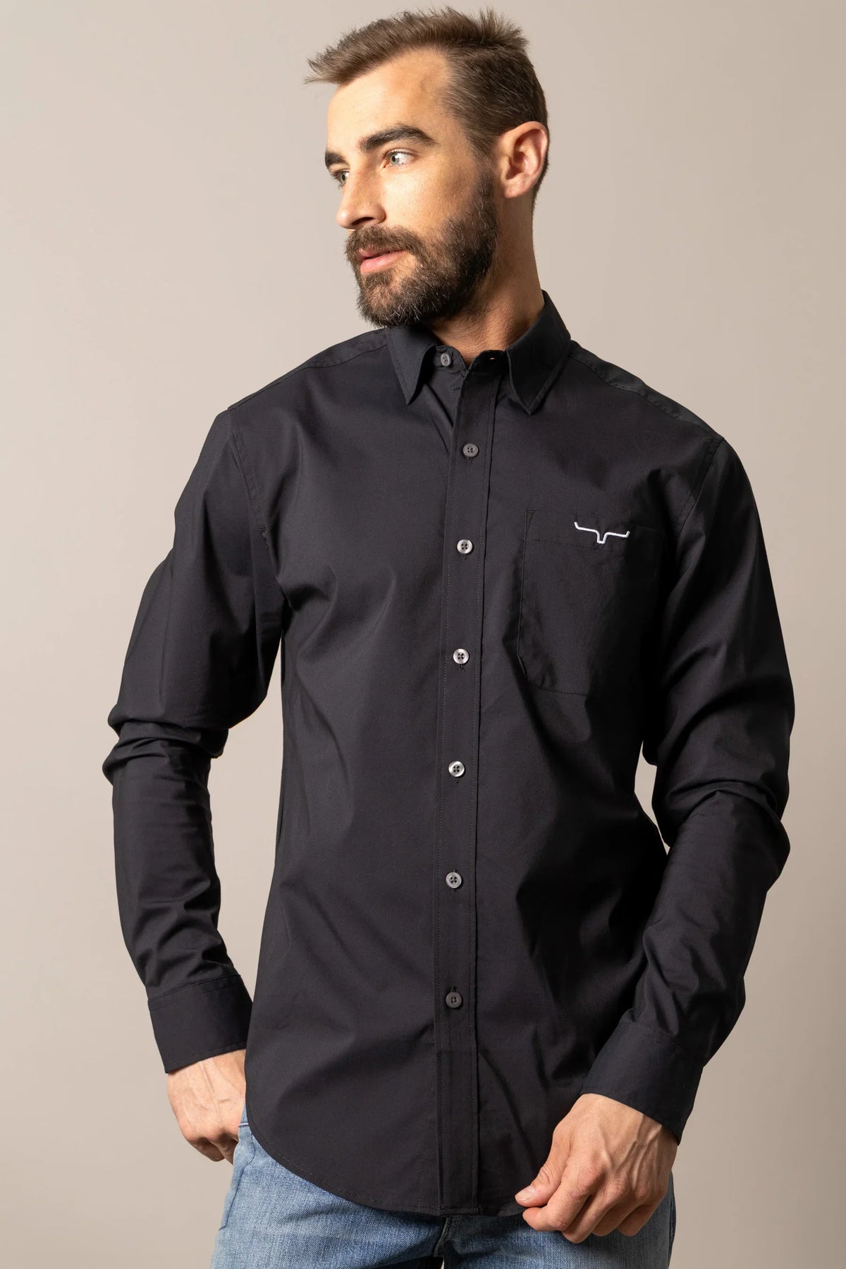 Kimes Ranch KR Team Dress Shirt in Black with a button-down collar, long sleeves