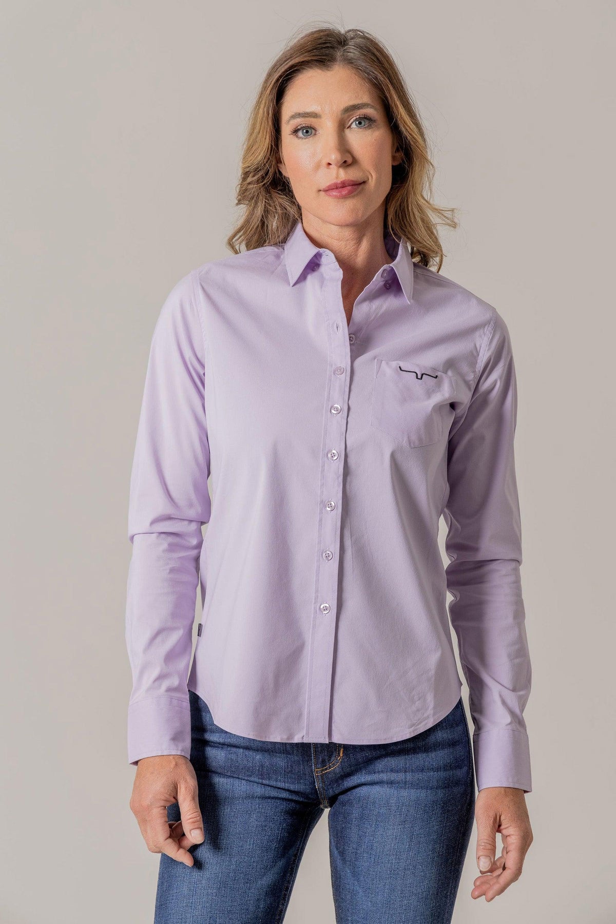 Kimes Ranch Ladies KR Team Shirt in Lavender with long sleeves and a chest pocket featuring the Kimes Ranch logo