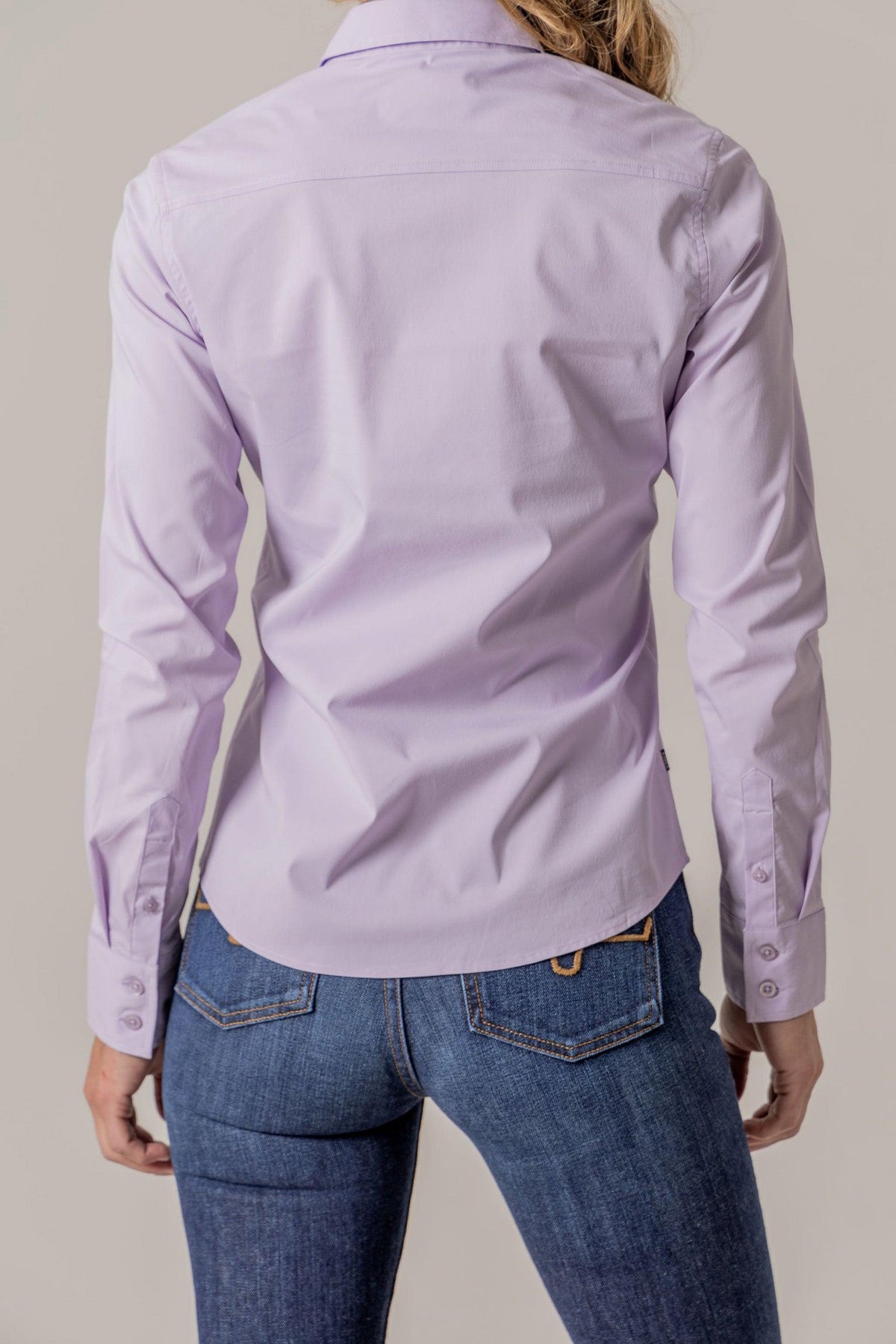 Kimes Ranch Ladies KR Team Shirt in Lavender, back view, with long sleeves and button cuffs
