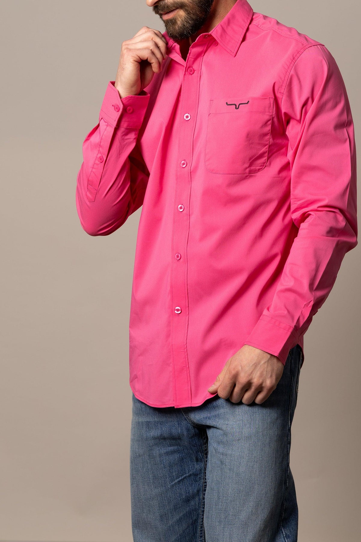 Kimes Ranch KR Team Dress Shirt in Pink, side view, with button front, long sleeves, and chest pocket with logo