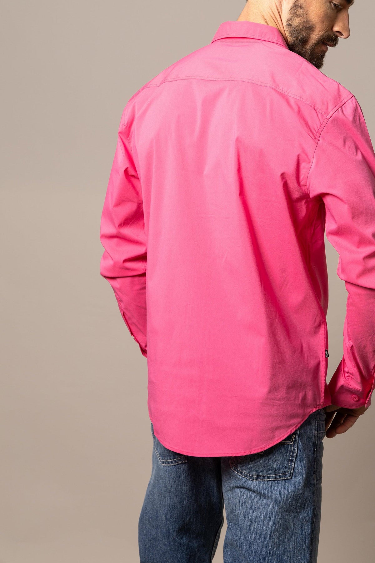 Kimes Ranch KR Team Dress Shirt in Pink, back view, with a back yoke and long sleeves