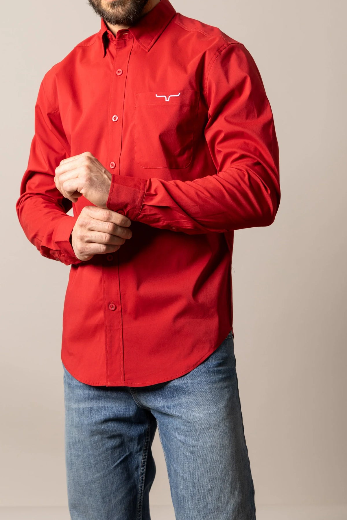Kimes Ranch KR Team Dress Shirt in Red with long sleeves and a chest pocket featuring the Kimes Ranch logo