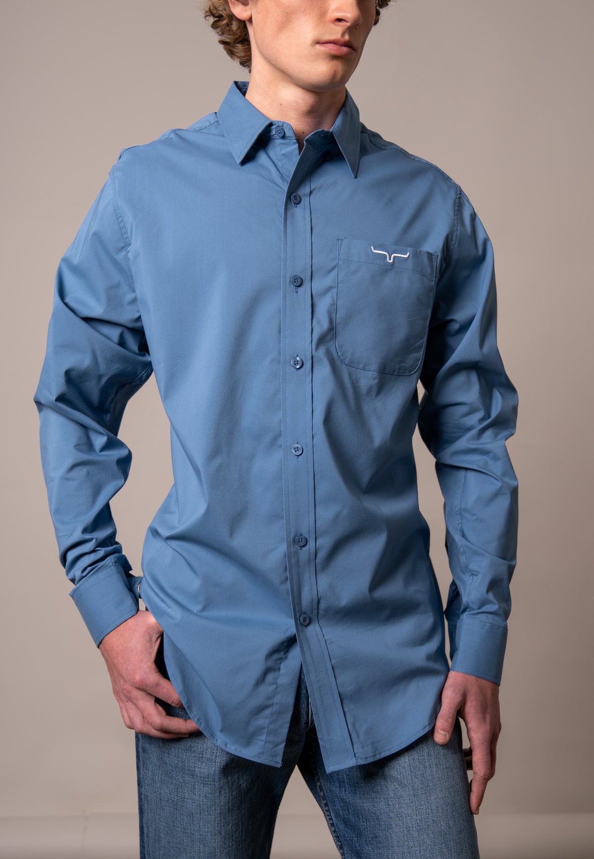 Kimes Ranch KR Team Dress Shirt in Carbon Blue with a chest pocket and embroidered logo