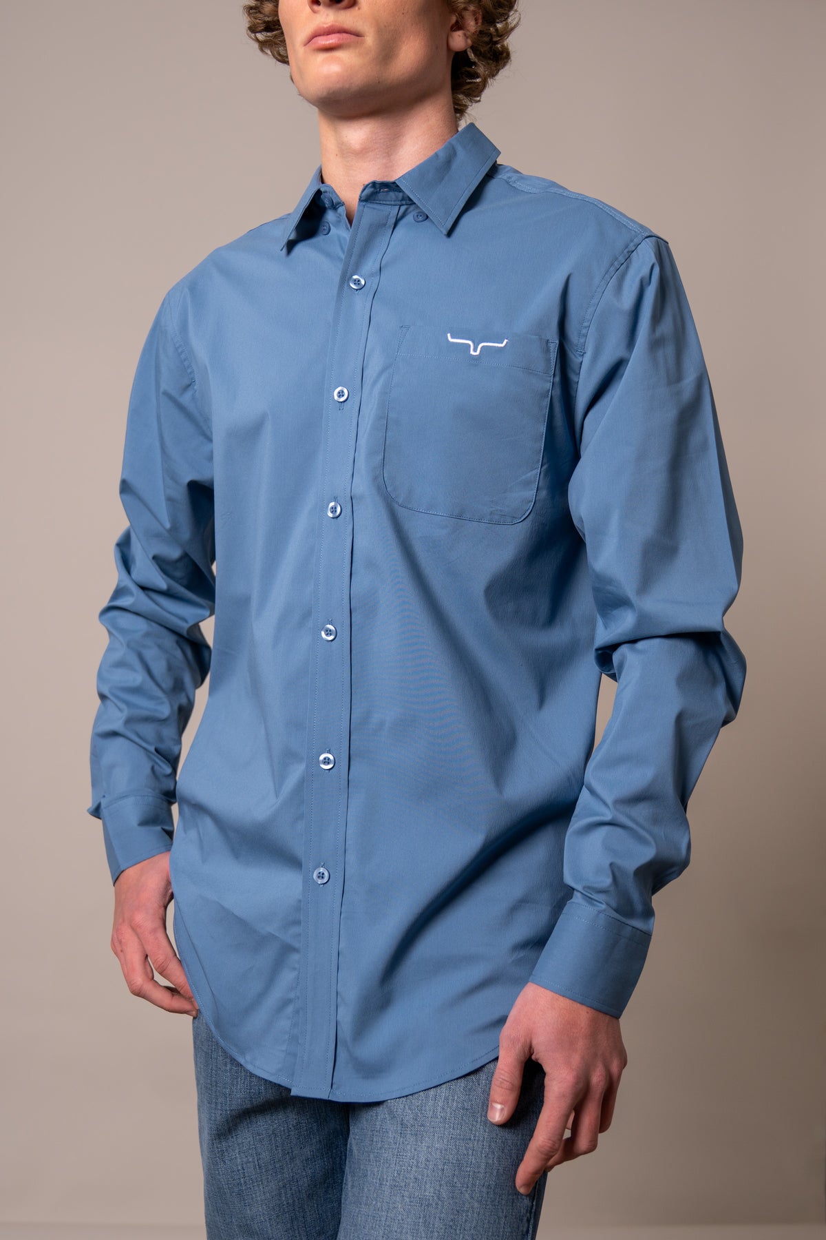 Kimes Ranch KR Team Dress Shirt in Carbon Blue with a chest pocket and embroidered logo