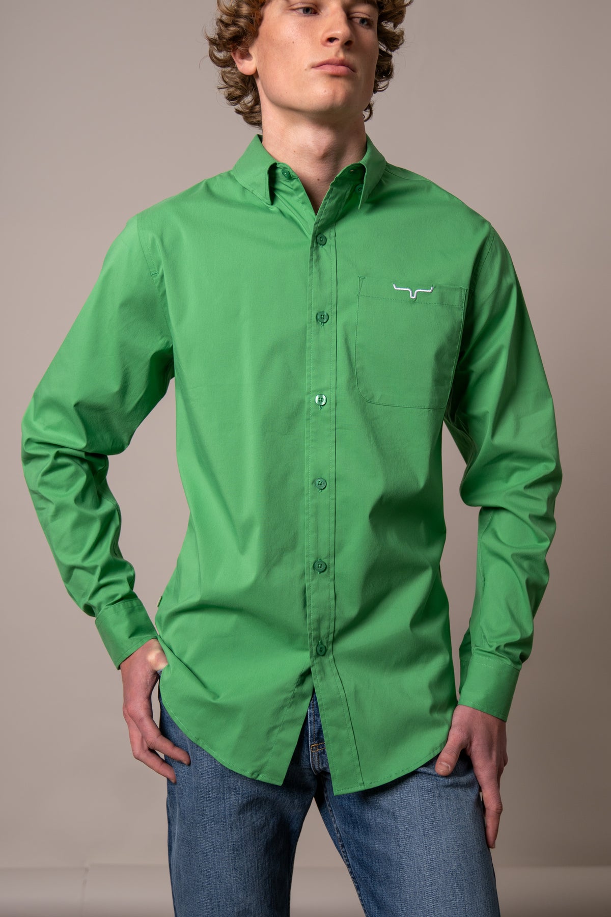Kimes Ranch KR Team Dress Shirt in Kelly Green with a button-down collar and chest pocket with logo