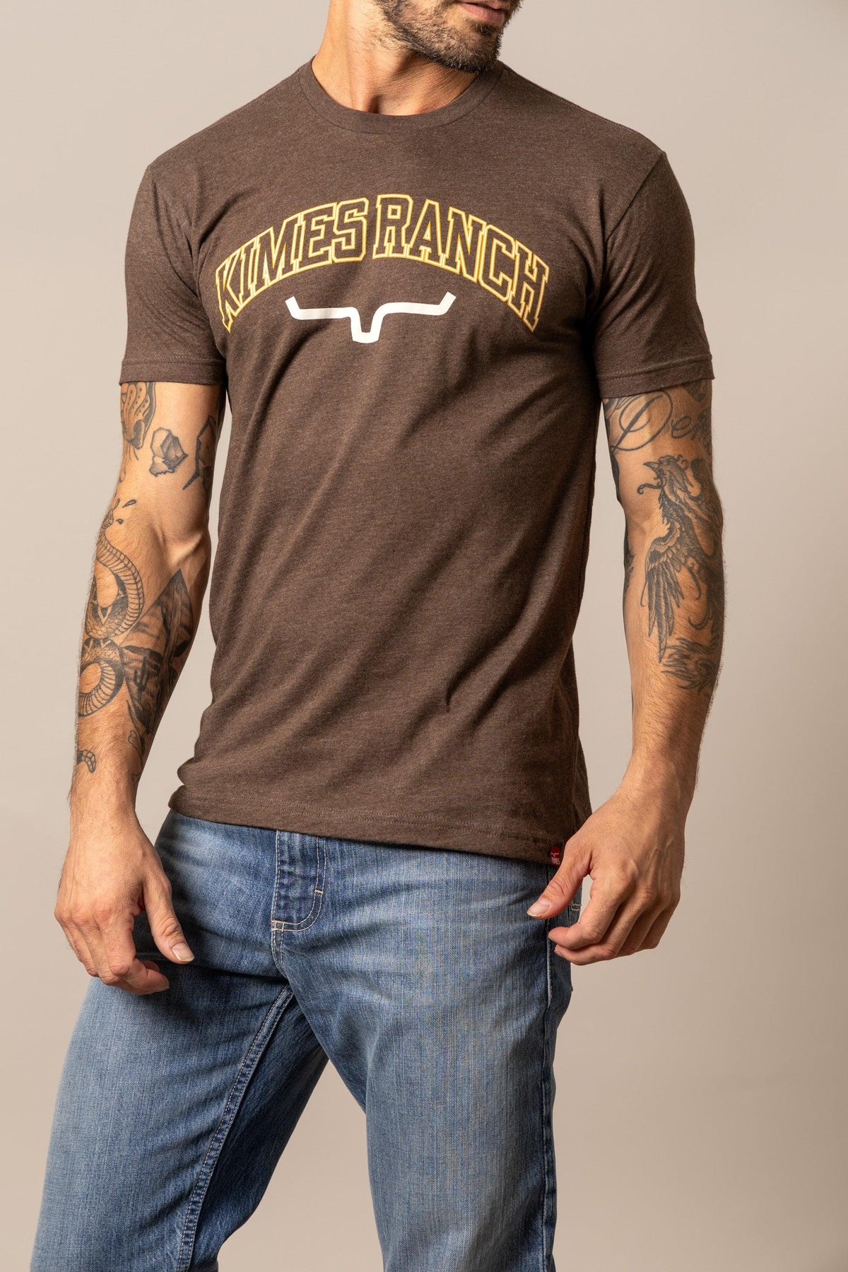 Kimes Ranch KR University shirt in Espresso with a front graphic featuring the brand name and logo