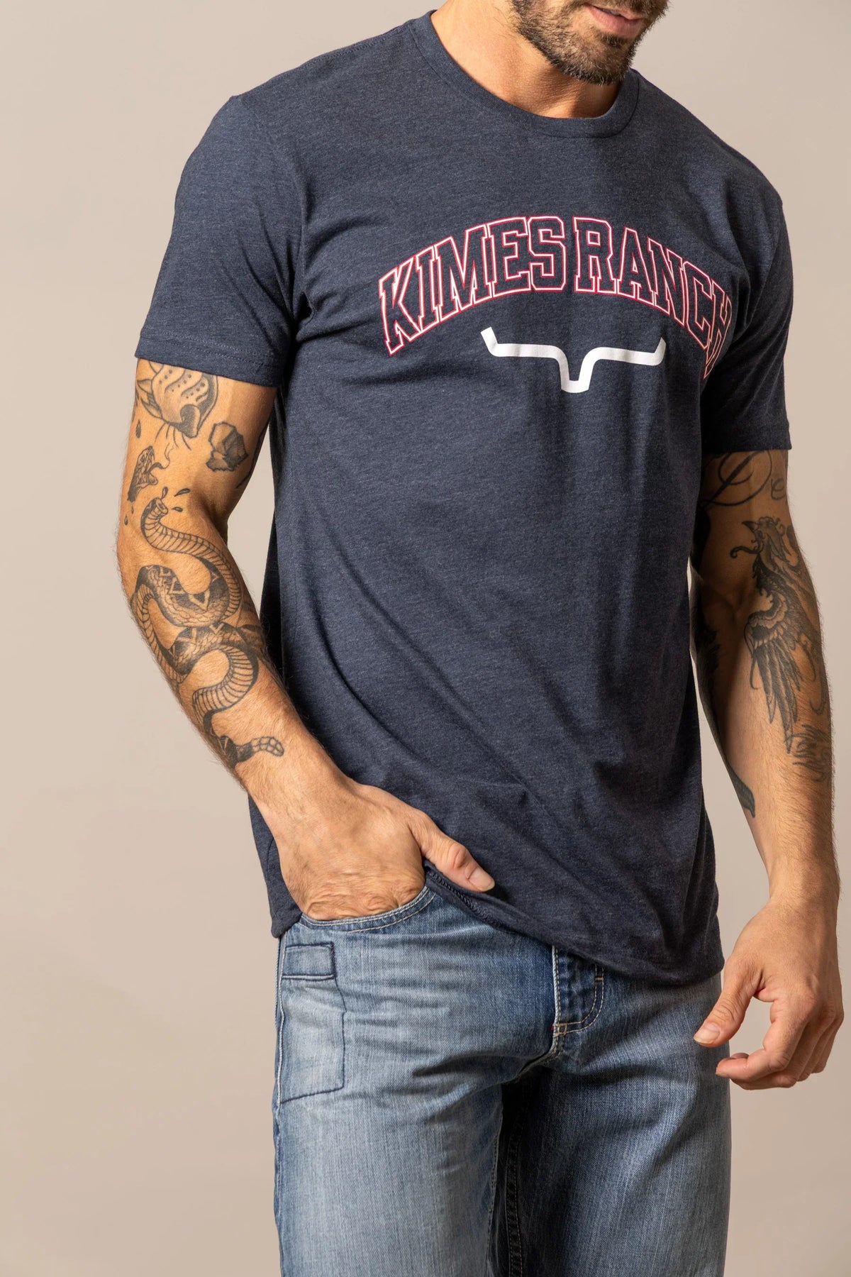 Kimes Ranch KR University shirt in Midnight Navy with a collegiate arch logo and longhorn mark
