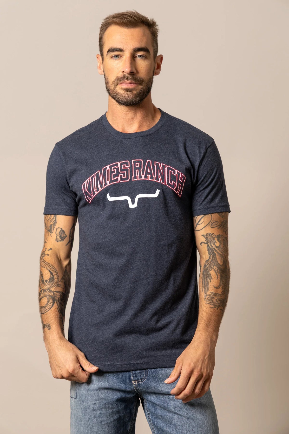 Kimes Ranch KR University shirt in Midnight Navy with a graphic print featuring the Kimes Ranch logo