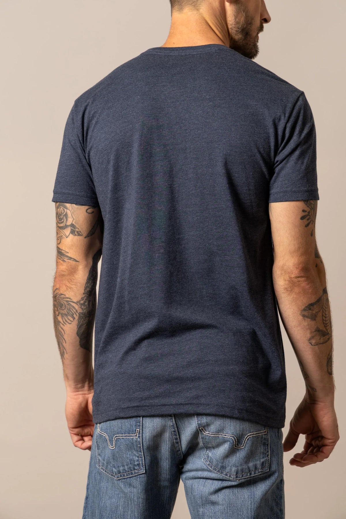 Kimes Ranch KR University shirt in Midnight Navy, back view, with short sleeves and a crew neck