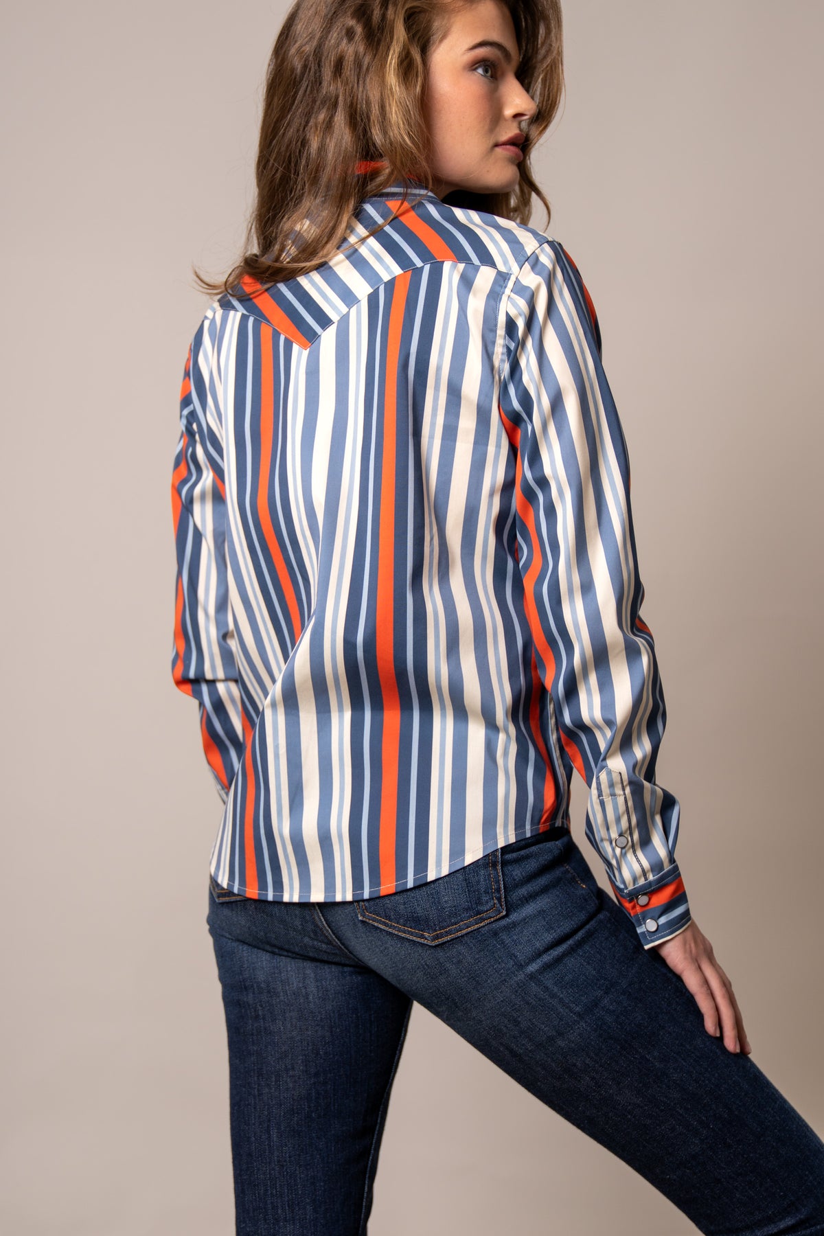 Kimes Ranch Kai top in Blue, back view, with vertical stripes and a back yoke