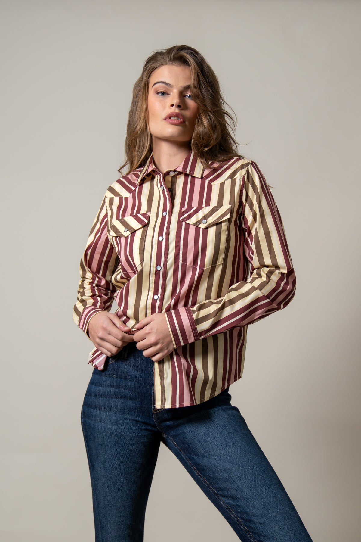Kimes Ranch Kai top in Maroon with vertical stripes, button front, and two chest pockets