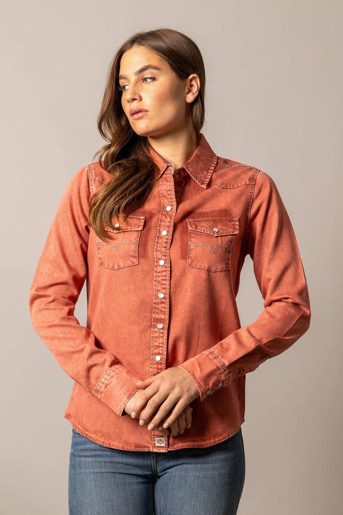 Kimes Ranch KC Tencel Top in Dark Red with front pockets and contrast stitching