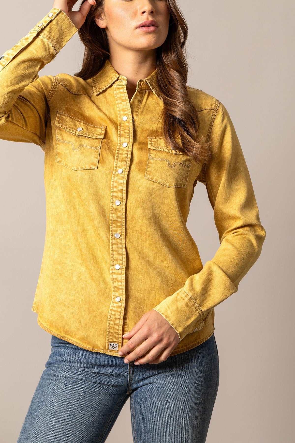 Kimes Ranch KC Tencel Top in Gold with a button front and two chest pockets