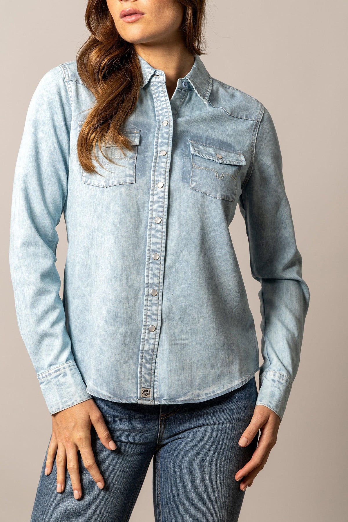 Kimes Ranch KC Tencel Top in Light Blue with a button front and two chest pockets
