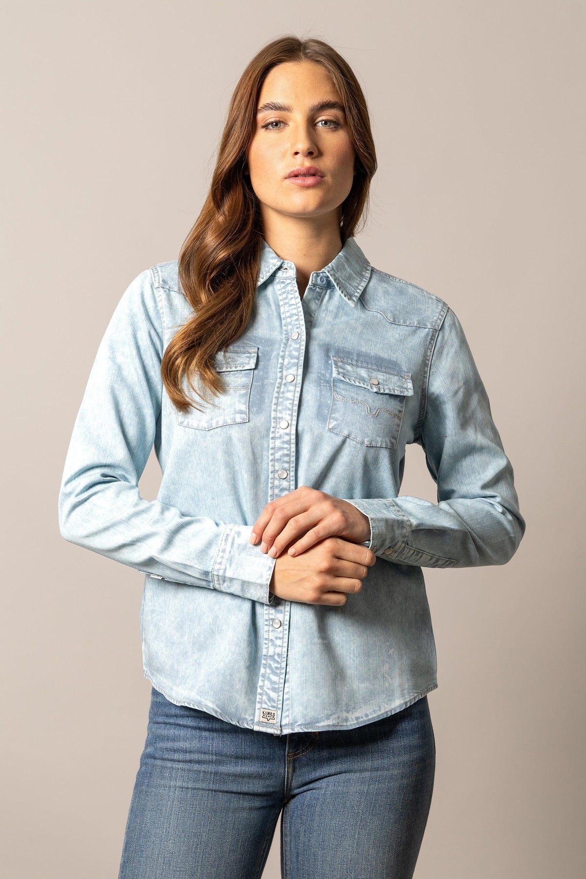 Kimes Ranch KC Tencel Top in Light Blue with long sleeves, button front, and two chest pockets
