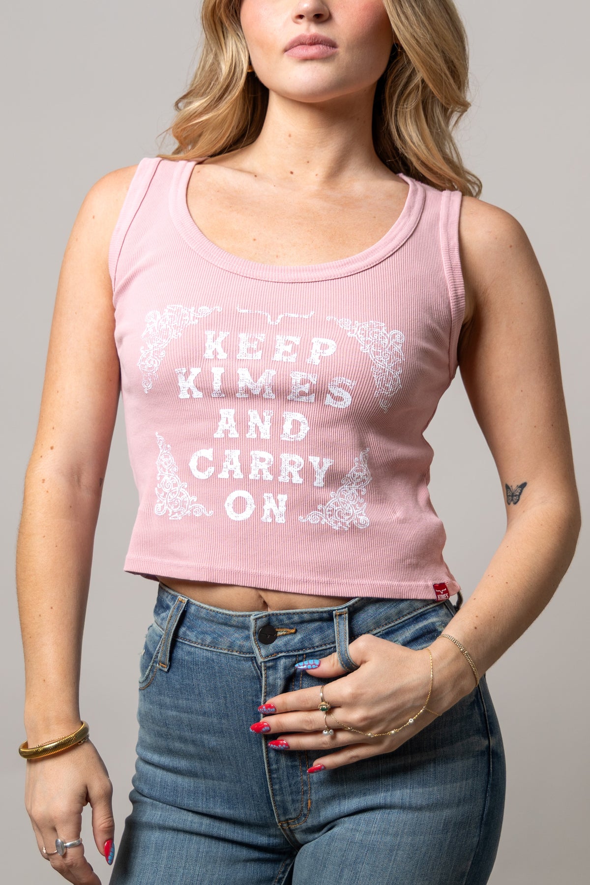 Kimes Ranch Keep Kimes Carry On Light Pink ribbed tank top with white graphic print