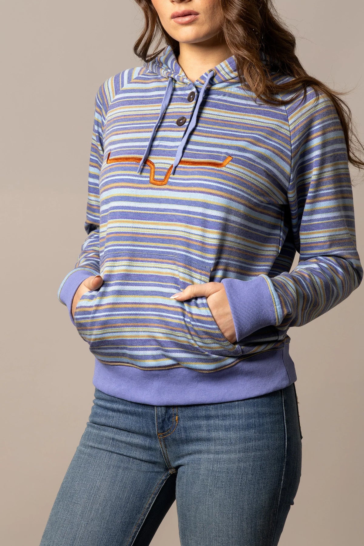 Kimes Ranch Kenzie Hoodie in Blue with horizontal stripes and an embroidered steer logo on the chest with a kangaroo pocket