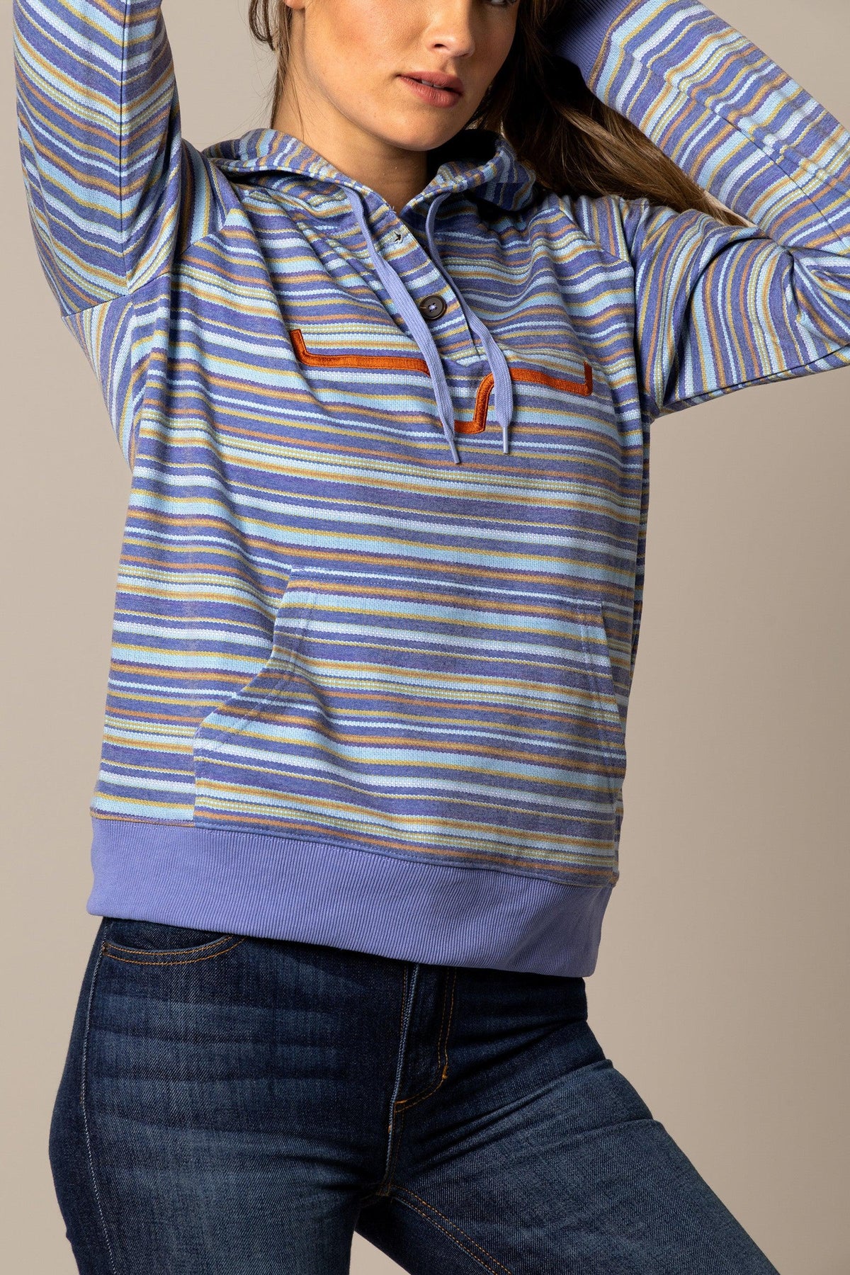 Kimes Ranch Kenzie Hoodie in Blue with horizontal stripes and orange pocket trim