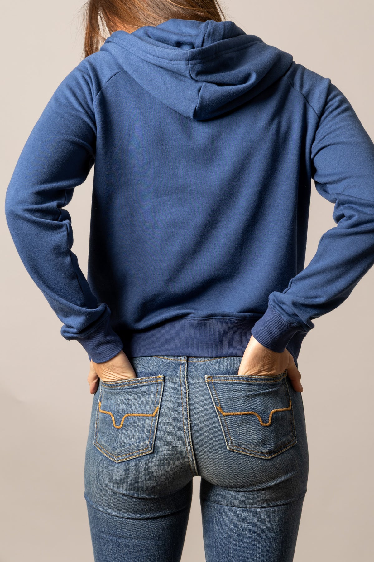 Kimes Ranch Kenzie Hoodie in Dark Blue, back view, with a back yoke and long sleeves