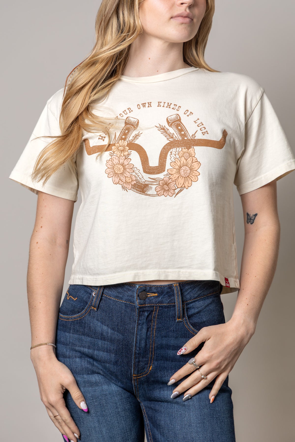 Kimes Ranch Kimes Of Luck shirt in Ivory with a horseshoe and floral graphic and Make Your Own Kimes of Luck text