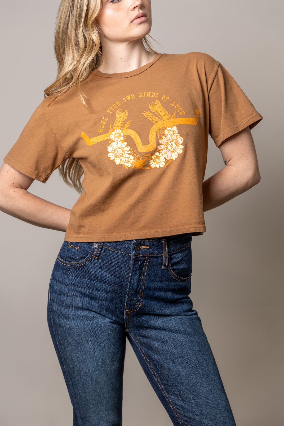 Kimes Ranch Kimes Of Luck shirt in Tobacco with a graphic of crossed horseshoes and daisies