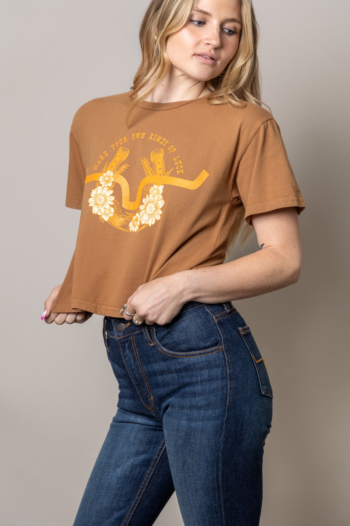 Kimes Ranch Kimes Of Luck Tobacco short sleeve shirt with Make Your Own Kimes Of Luck graphic and floral design