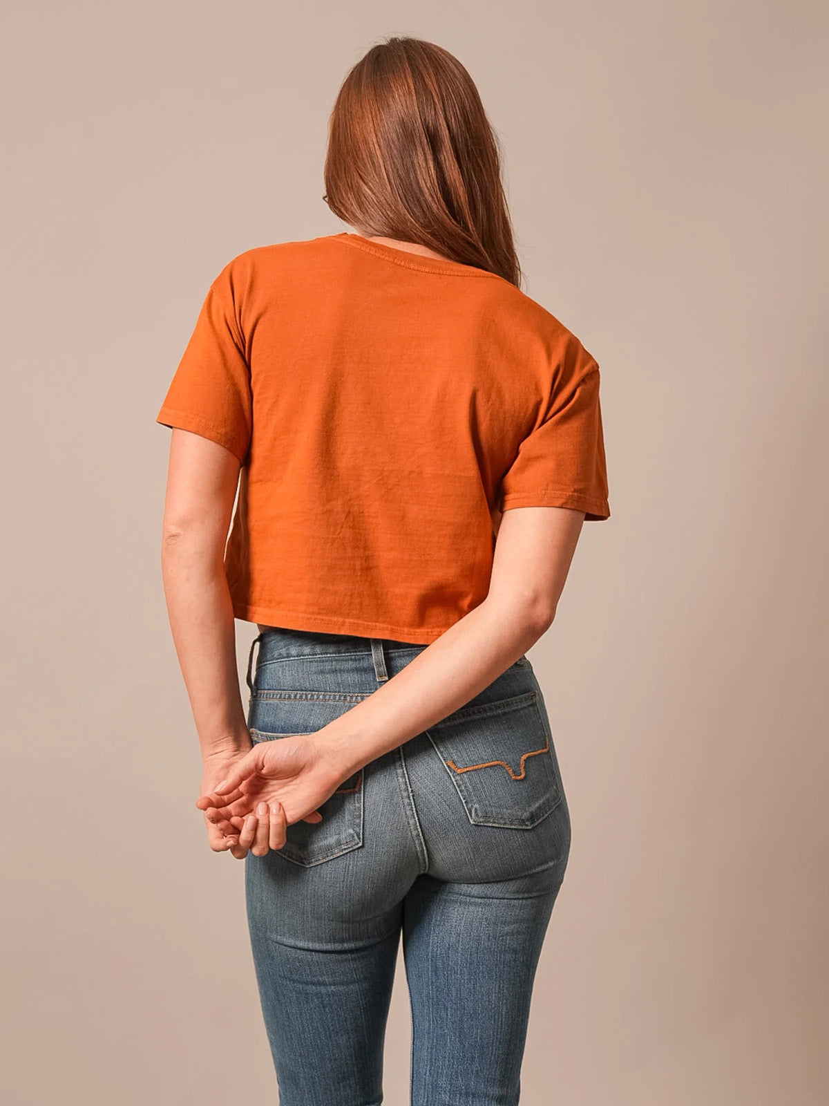 Kimes Ranch Kimes Of My Life shirt in Rust, back view, with short sleeves and a cropped back hem