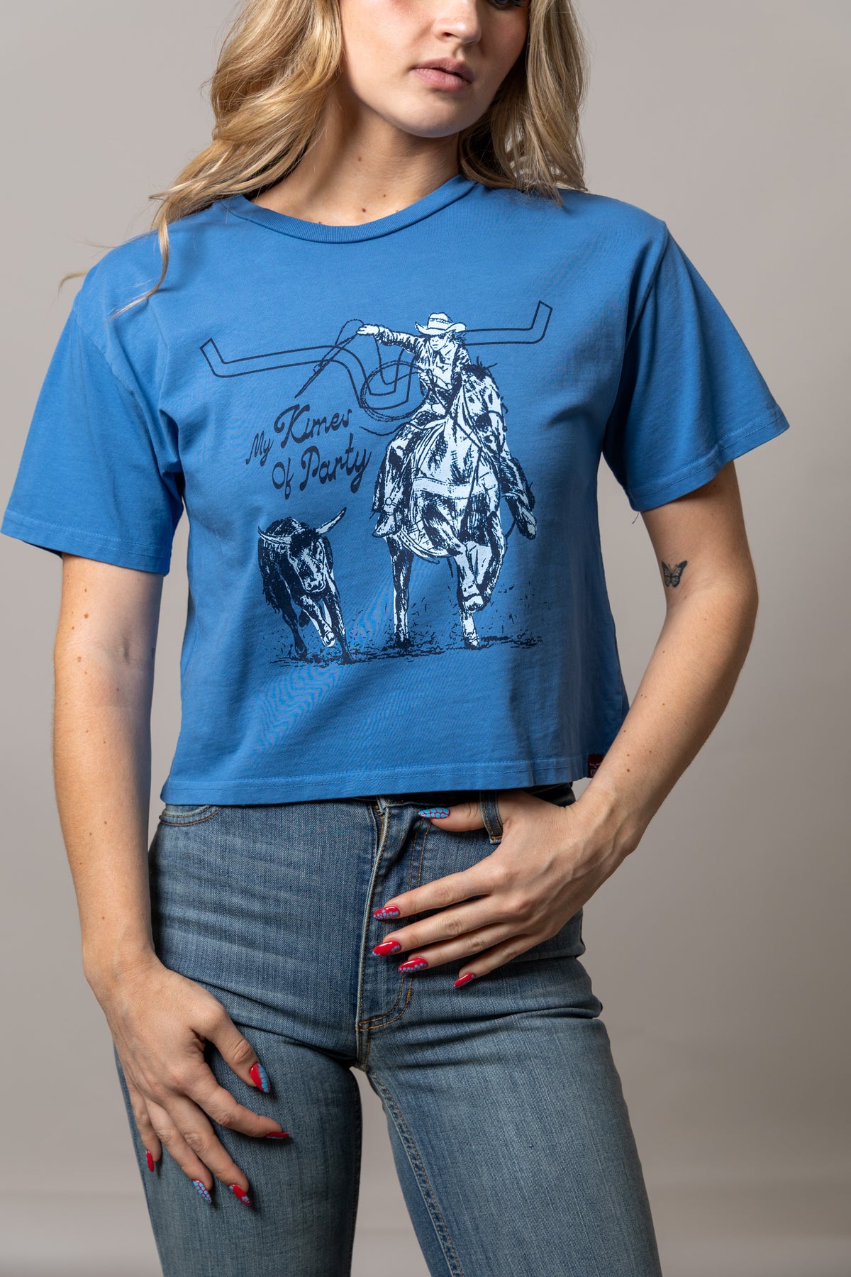 Kimes Ranch Kimes Of A Party shirt in Carbon Blue with a cowboy on horseback and bull graphic