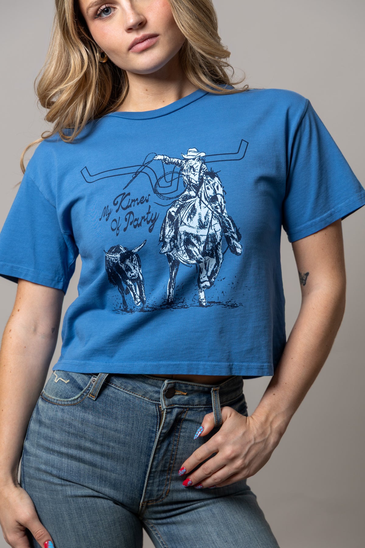Kimes Ranch Kimes Of A Party shirt in Carbon Blue with a cowboy on a horse and a steer with the text My Times Of Party