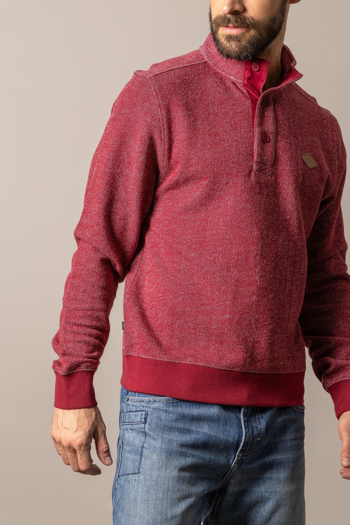 Kimes Ranch Kingswell sweatshirt in Red with a half-button placket and ribbed hem