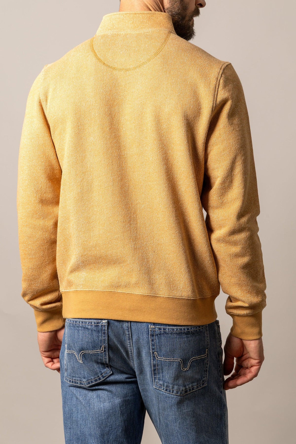Kimes Ranch Kingswell sweatshirt in Work Wear Brown, back view, with a ribbed collar and hem
