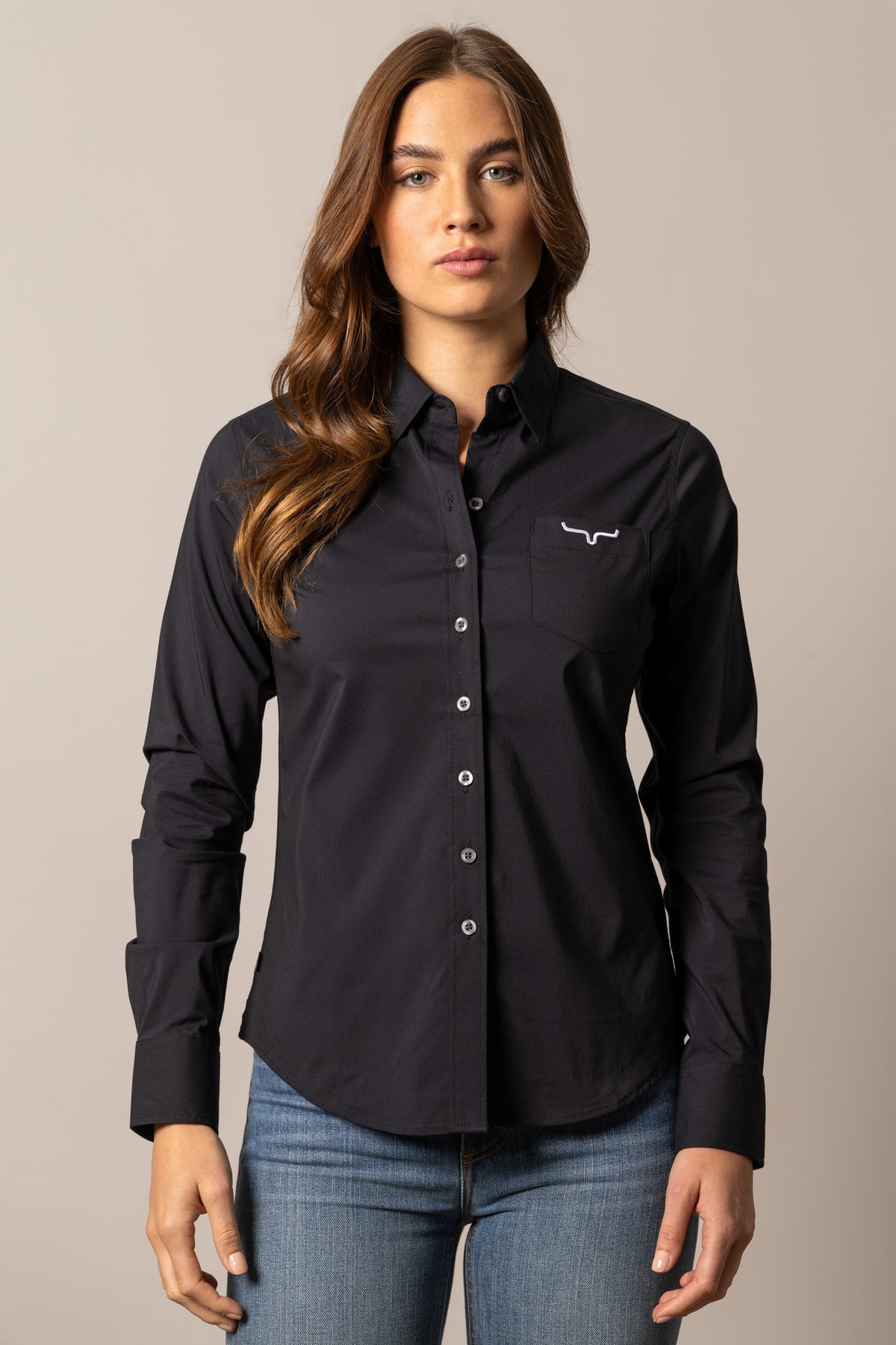 Kimes Ranch Ladies KR Team Shirt in Black with long sleeves and a chest pocket with the Kimes Ranch logo